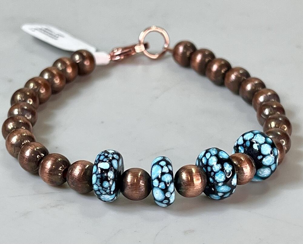 Pure Copper Desert Pearl and Spiderweb Turquoise Beaded Bracelet 7.5” NEW